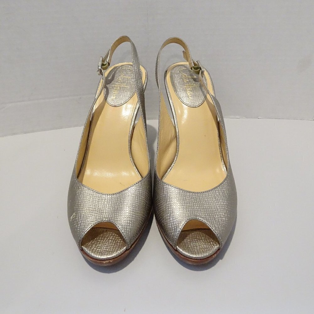 COLE HAAN Gold Metallic Textured Leather Peep Toe Slingback Heels Size 8.5B Shoe